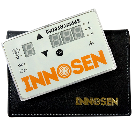 Registrador UV Innosen IS310 – con funda protectora Registrador UV Innosen IS310 del tamaño de una tarjeta de crédito con funda protectora de piel, para medir la potencia y la energía de las lámparas UV en hornos de curado